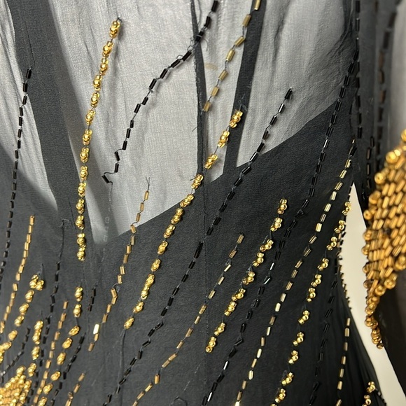 Nite Line Sz 10 Black Silk Gold Bugle Beaded Full Length Side Slit Dress Gown - Picture 9 of 16